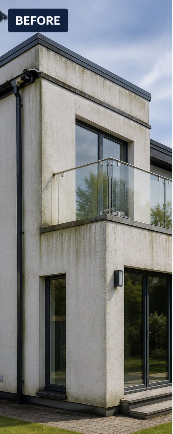 Modern rendered elevation with heavy green staining before soft washing, Wilmslow