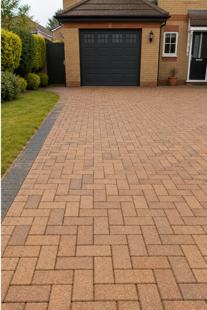 The same block paving driveway with its original colour visible after cleaning