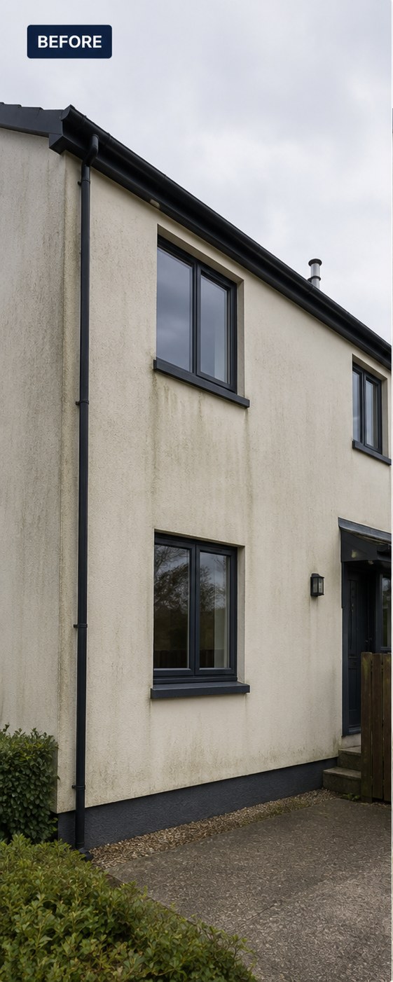 Rendered gable wall discoloured with algae and weathering before soft washing, Wilmslow