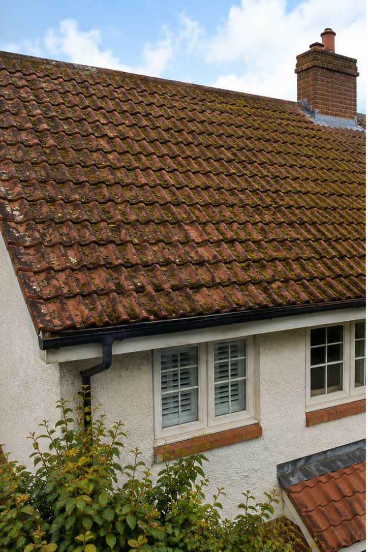 Roof tiles covered in thick moss and lichen before treatment