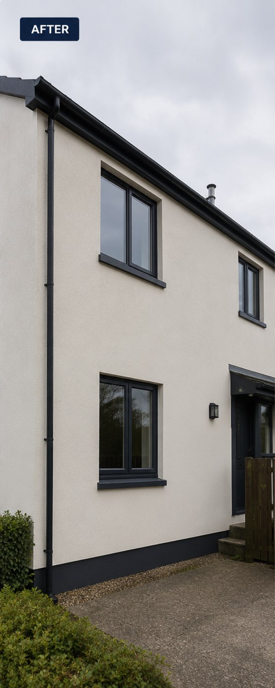 The same rendered gable clean and uniform after soft washing, Wilmslow
