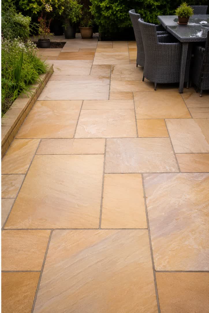 The same sandstone patio restored to a warm honey tone after cleaning