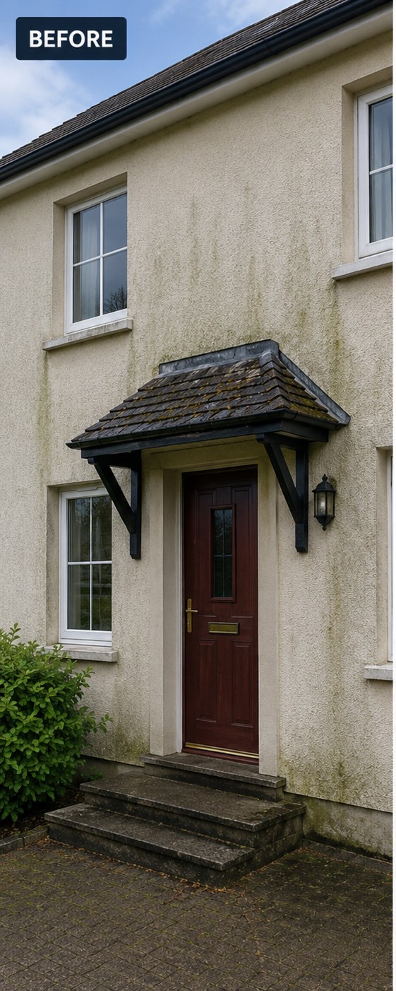 Cream rendered house front with green algae streaks around the porch before soft washing, Wilmslow
