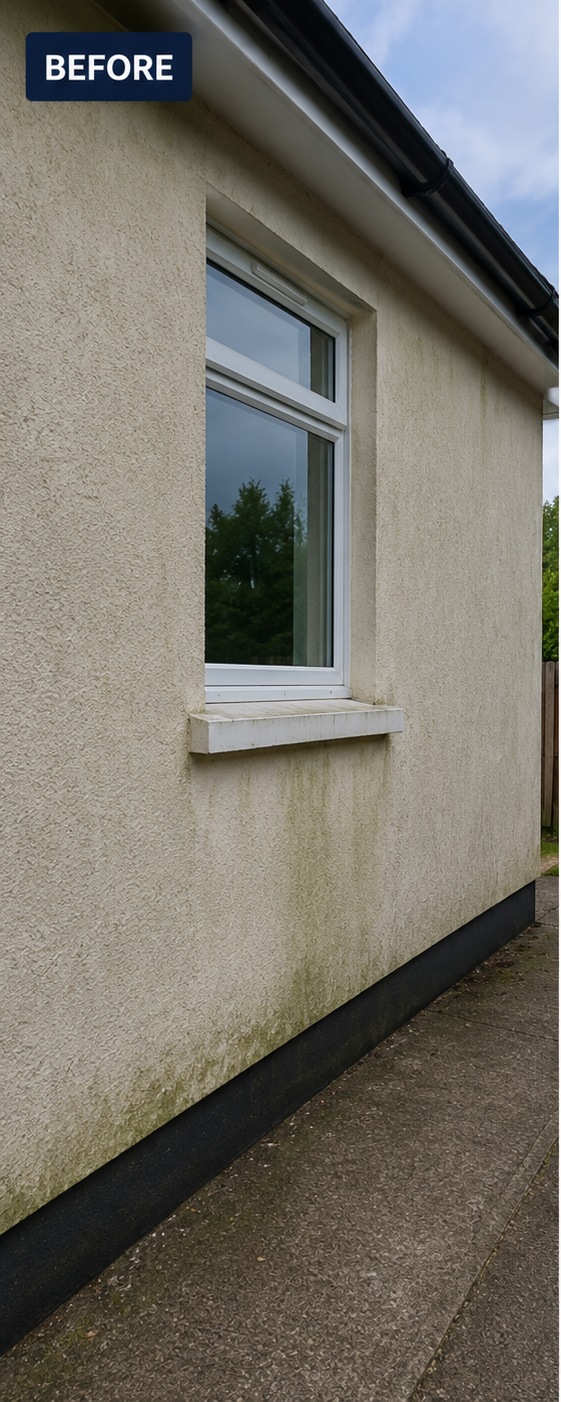 Cream rendered side wall with green algae running below the window before soft washing, Wilmslow