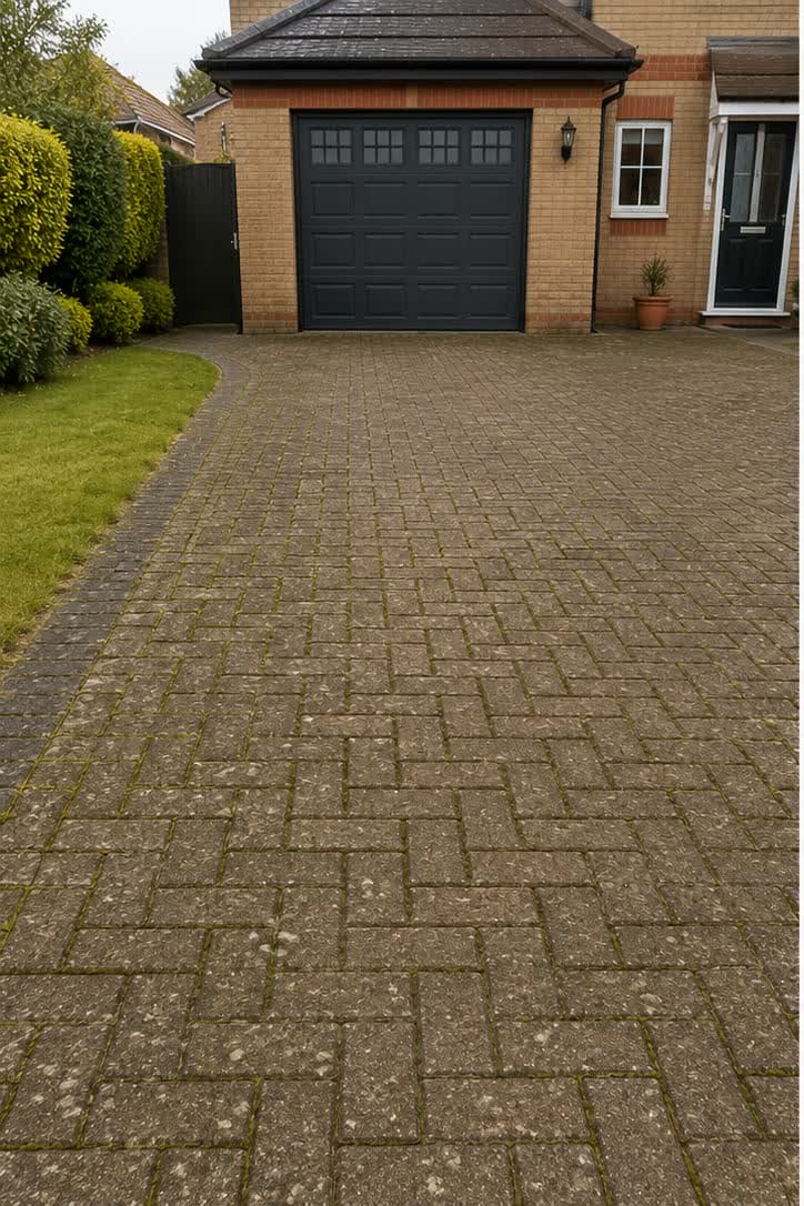 Block paving driveway dulled by algae and moss before cleaning