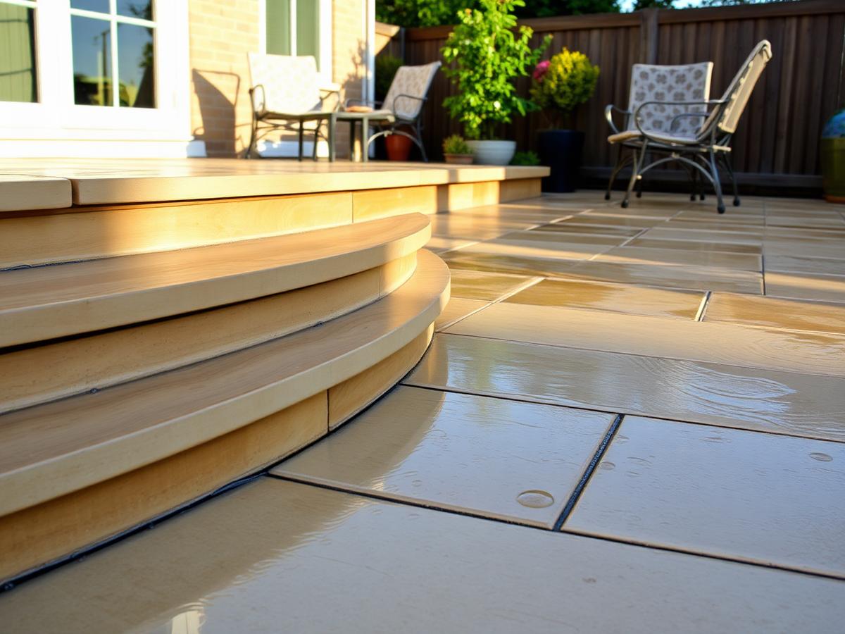 Freshly pressure washed sandstone patio and timber decking in evening light