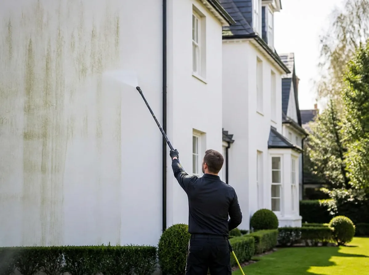 Soft washing a rendered wall with a telescopic lance